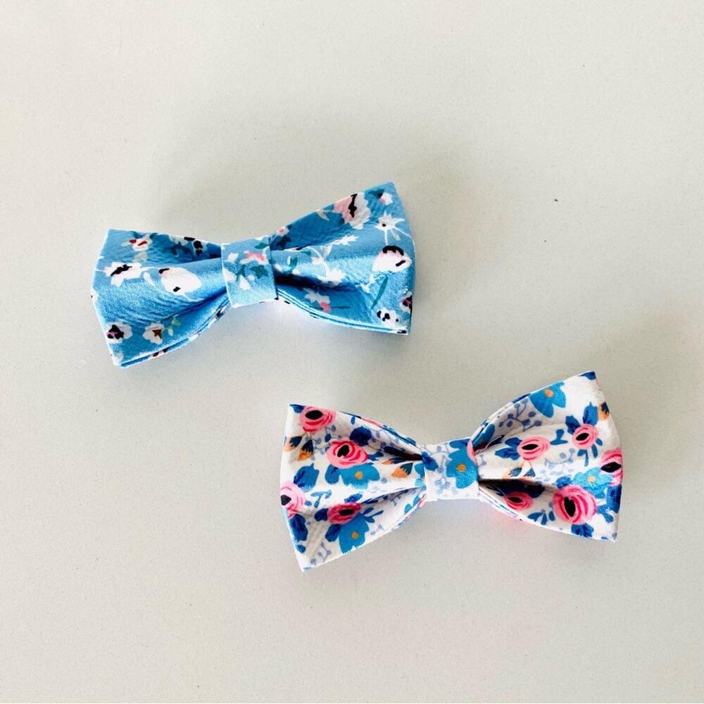 2 NEW HANDMADE Light Blue Pink Blush Floral Dog Cat Pet Collar Elastic Bow Tie - Picture 4 of 5